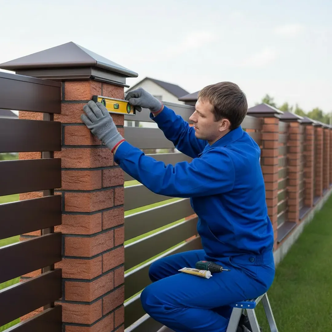 Установка колпака на кирпичный столб