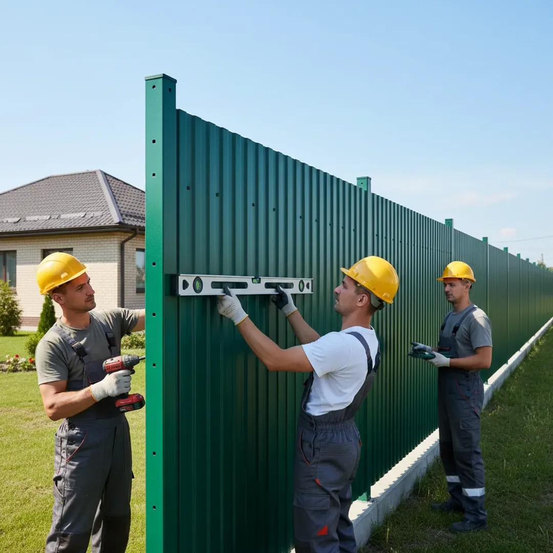 Установка забора из профнастила на готовые столбы на рамку в горизонтальном порядке (Высота до 2,1 м)
